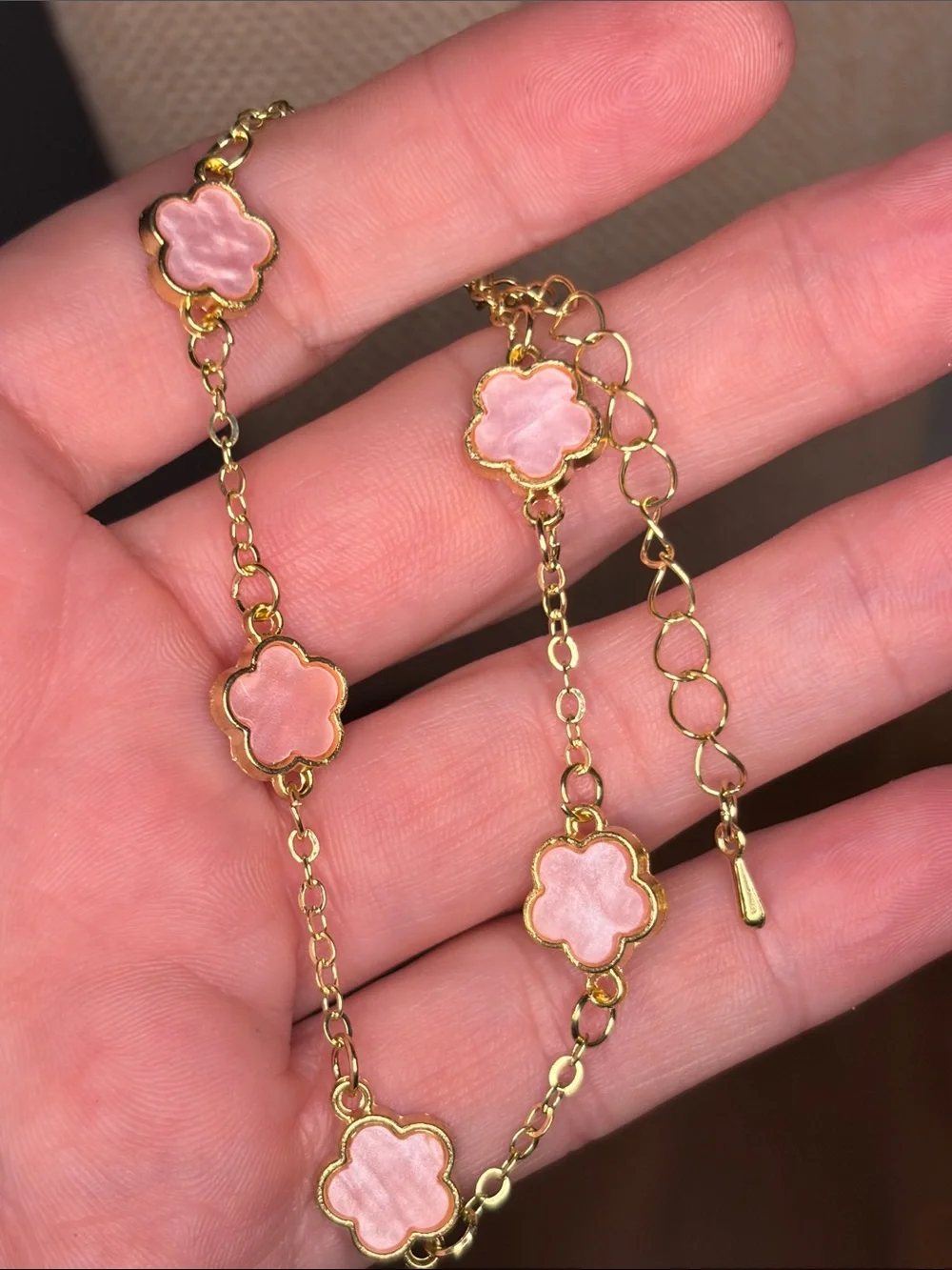 Floral Pink Clover Bracelet & Necklace - Gold Tone